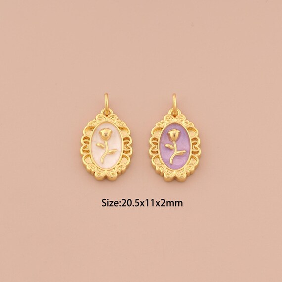 18K Gold Mirror Charms,Enamel Rose Charms Pendants,Flower Charm for DIY Jewelry Making Supply