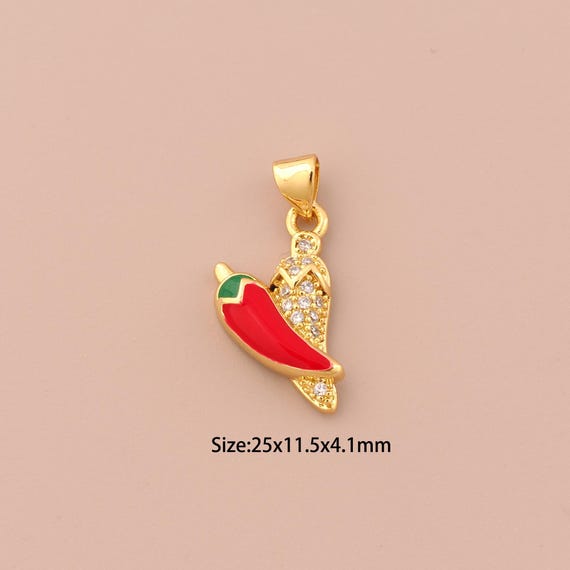 18K Gold Chili Charms,CZ Pave Chili Charms Pendants,Enamel Chili Charm for DIY Jewelry Making Supply