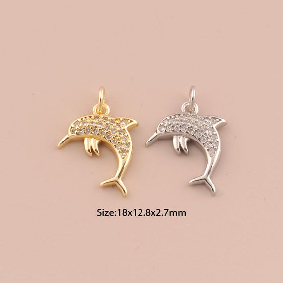 18K Gold Dolphin Charms,CZ Pave Minimalist Charms Pendants,Fish Charm for DIY Jewelry Making Supply