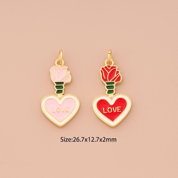 18K Gold Flower Pendant,Enamel Heart Charm,LOVE Charm, DIY Jewelry Supplies