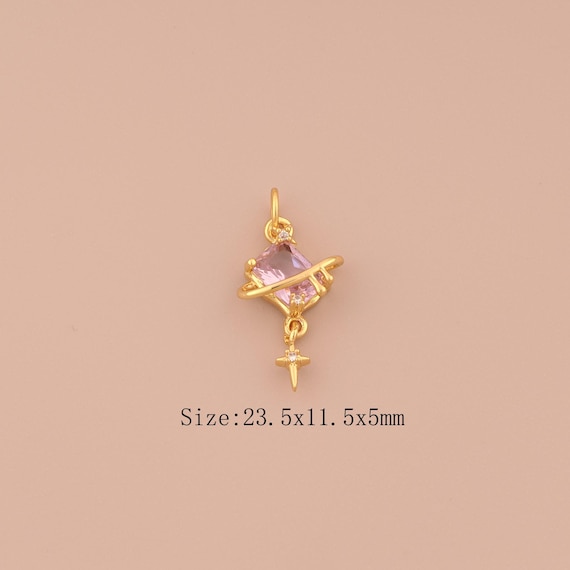18K Gold Saturn Charms,CZ Pave Square Charms Pendants,Star Charm for DIY Jewelry Making Supply