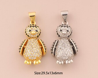 Dijes de pingüino de oro de 18 quilates, colgantes de dijes de pingüino con pavé de circonita cúbica, dije de pingüino para fabricación de joyas DIY