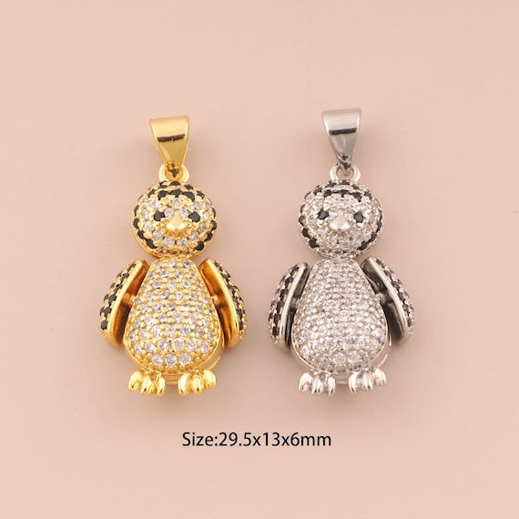 18K Gold Penguin Charms,CZ Pave Penguin Charms Pendants,Penguin Charm for DIY Jewelry Making Supply