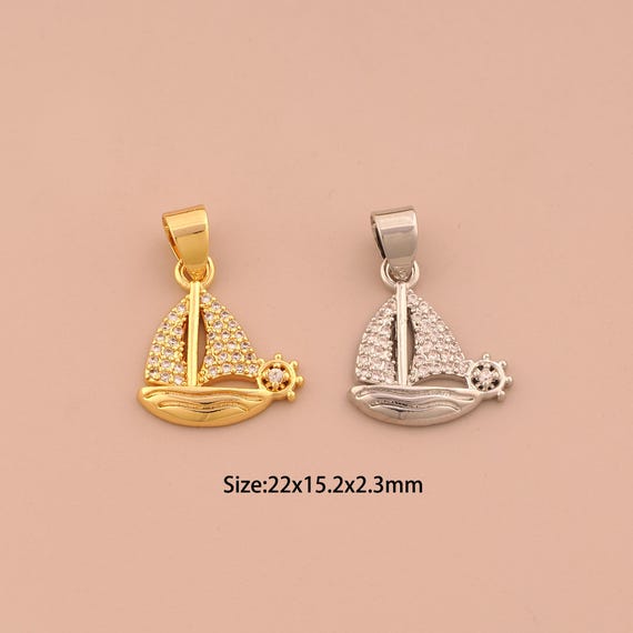 18K Gold Boat Charms,CZ Pave Boat Charms Pendants,Boat Charm for DIY Jewelry Making Supply