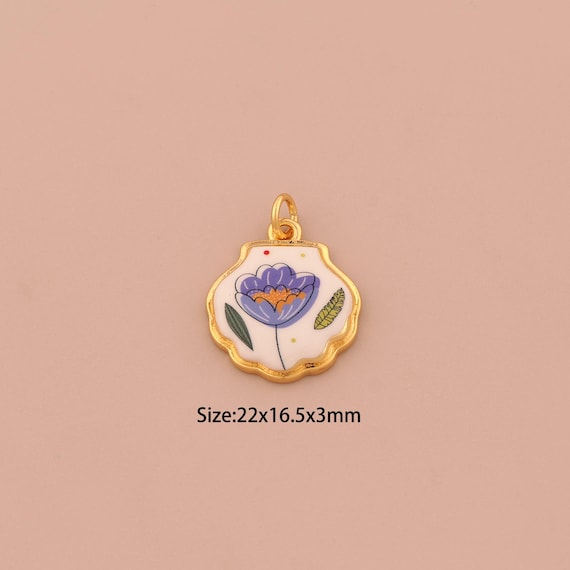 18K Gold Shell Charms,Enamel Flower Charms Pendants,Oyster Charm for DIY Jewelry Making Supply