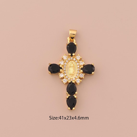 18K Gold Virgin Mary Charms,CZ Pave Cross Charms Pendants,Catholic Charm for DIY Jewelry Making Supply