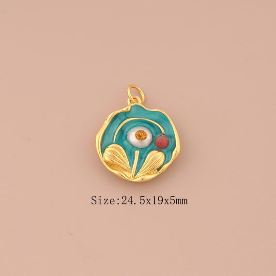 18K Gold Flower Charms,Enamel Round Charms Pendants,Leaf Charm for DIY Jewelry Making Supply
