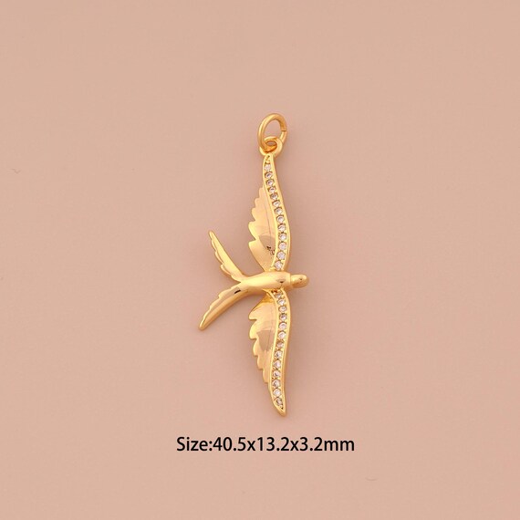 18K Gold Swallow Charms,CZ Pave Animal Charms Pendants,Flying Charm for DIY Jewelry Making Supply