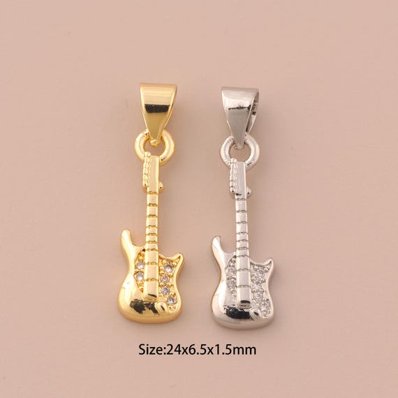 18K Gold Guitar Charms,CZ Pave Guitar Charms Pendants,Guitar Charm for DIY Jewelry Making Supply