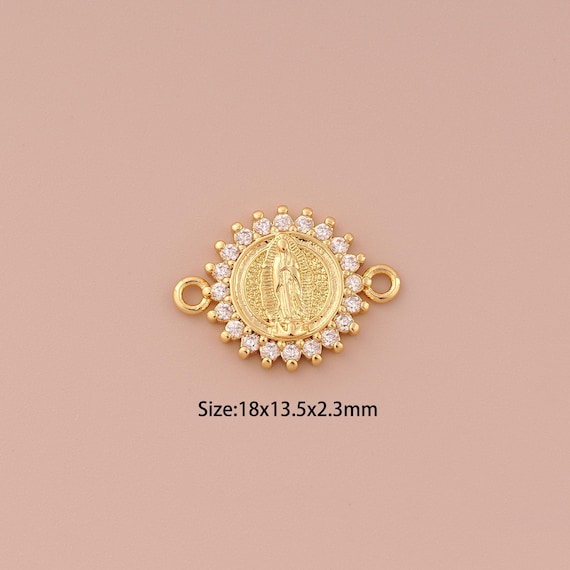 18K Gold Virgin Mary Connector,CZ Pave Minimalist Connector Charms,Catholic Connector for DIY Jewelry Making Supply