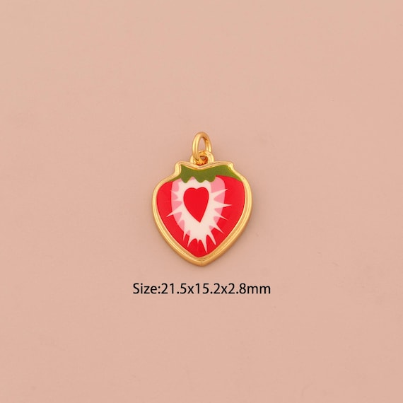 18K Gold Strawberry Charms,Enamel Fruit Charms Pendants,Heart Charm for DIY Jewelry Making Supply