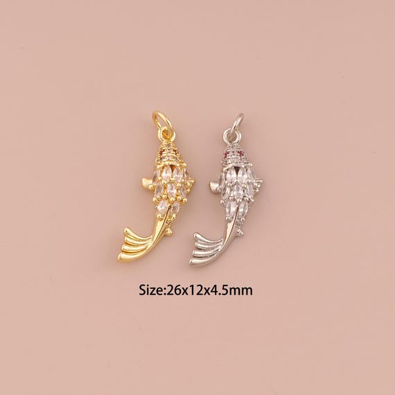 18K Gold Fish Charms,CZ Pave Minimalist Charms Pendants,Fish Charm for DIY Jewelry Making Supply