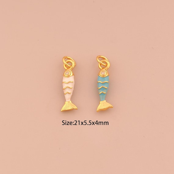 18K Gold Fish Charms,CZ Pave Marine Life Charms Pendants,Enamel Fish Charm for DIY Jewelry Making Supply