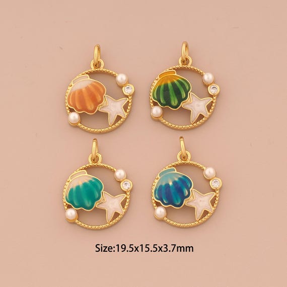 18K Gold Shell Charms,CZ Pave Starfish Charms Pendants,Enamel Round Charm for DIY Jewelry Making Supply