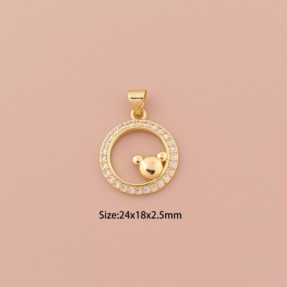 18K Gold Mouse Charms,CZ Pave Minimalist Charms Pendants,Round Charm for DIY Jewelry Making Supply