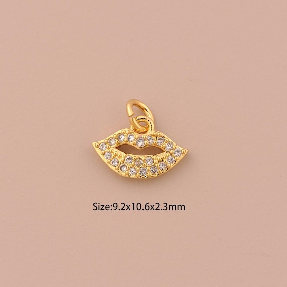 18K Gold Lips Charms,CZ Pave Minimalist Charms Pendants,Lips Charm for DIY Jewelry Making Supply