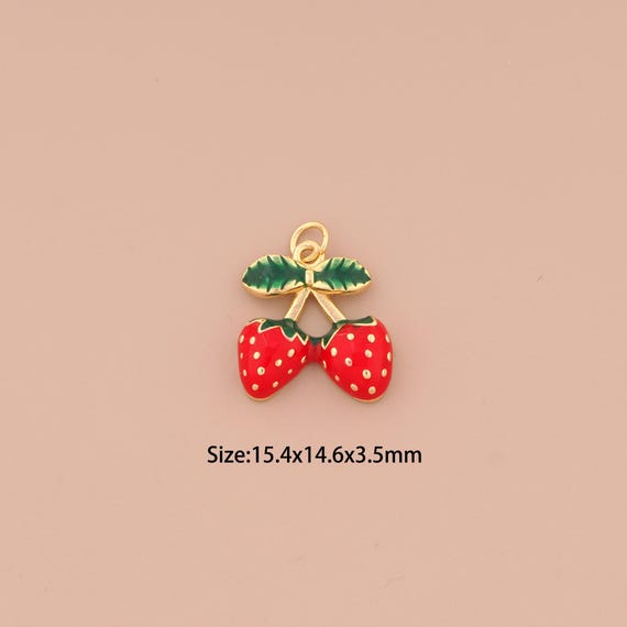 18K Gold Cherry Charms,Enamel Fruit Charms Pendants,Strawberry Charm for DIY Jewelry Making Supply