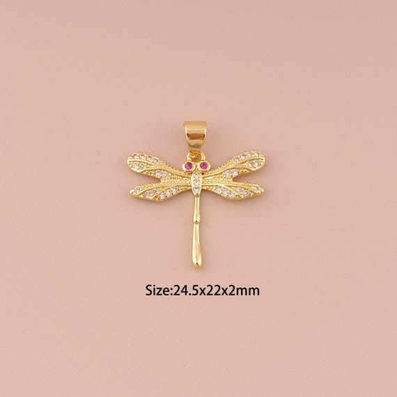 18K Gold Dragonfly Charms,CZ Pave Minimalist Charms Pendants,Dragonfly Charm for DIY Jewelry Making Supply