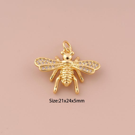 18K Gold Bee Charms,CZ Pave Minimalist Charms Pendants,Bee Charm for DIY Jewelry Making Supply