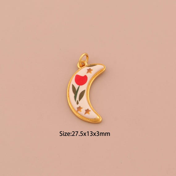 18K Gold Crescent Moon Charms,Enamel Flower Charms Pendants,Star Charm for DIY Jewelry Making Supply