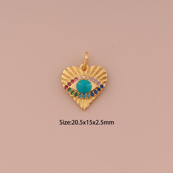 18K Gold Heart Charms,CZ Pave Minimalist Charms Pendants,Evil Eye Charm for DIY Jewelry Making Supply