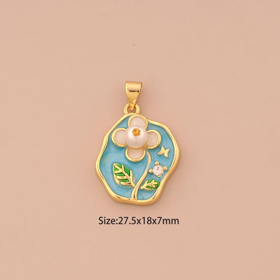 18K Gold Flower Charms,CZ Pave Round Charms Pendants,Enamel Flower Charm for DIY Jewelry Making Supply