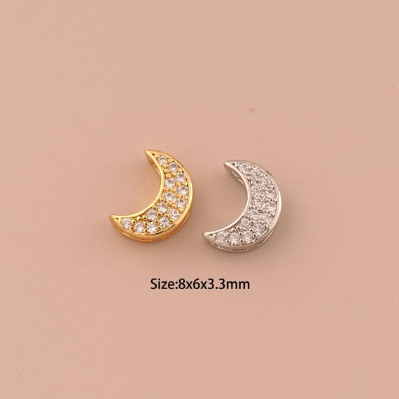 18K Gold Moon Spacer Bead,CZ Pave Minimalist Bead,Moon Bead for DIY Jewelry Making Supply