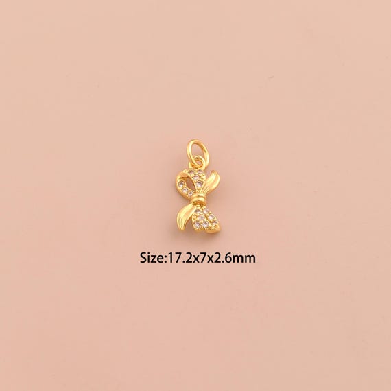 18K Gold Bow Charms,CZ Pave Tie Charms Pendants,Bow Charm for DIY Jewelry Making Supply