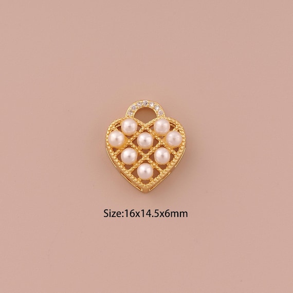 18K Gold Heart Charms,CZ Pave Minimalist Charms Pendants,Pearl Heart Charm for DIY Jewelry Making Supply