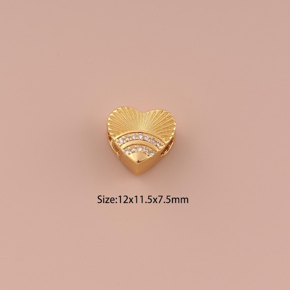 18K Gold Heart Spacer Bead,CZ Pave Minimalist Bead,Large Hole Bead for DIY Jewelry Making Supply