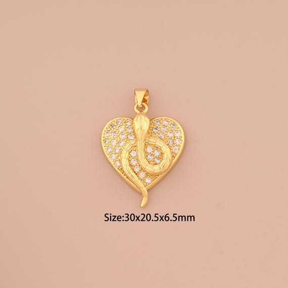 18K Gold Snake Charms,CZ Pave Heart Charms Pendants,Animal Charm for DIY Jewelry Making Supply