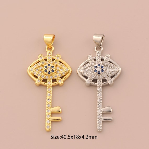 18K Gold Key Charms,CZ Pave Evil Eye Charms Pendants,Devil Eye Charm for DIY Jewelry Making Supply