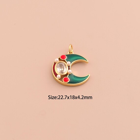 18K Gold Crescent Moon Charms,CZ Pave Celestial Charms Pendants,Enamel Moon Charm for DIY Jewelry Making Supply