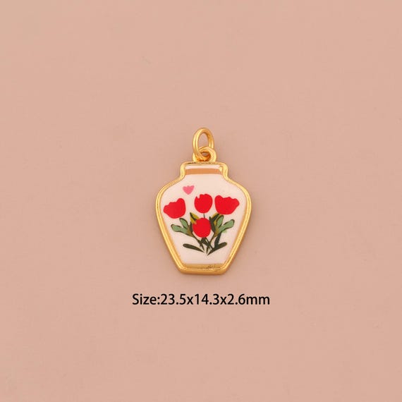 18K Gold Vase Charms,Enamel Flower Charms Pendants,Vase Charm for DIY Jewelry Making Supply