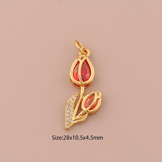 18K Gold Flower Charms,CZ Pave Plant Charms Pendants,Flower Charm for DIY Jewelry Making Supply