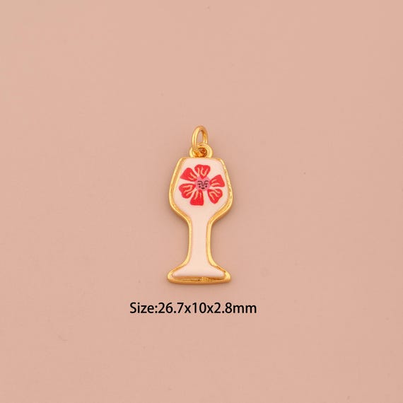 18K Gold Goblet Charms,Enamel Flower Charms Pendants,Wine Glass Charm for DIY Jewelry Making Supply