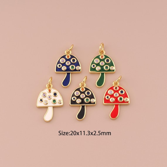 18K Gold Mushroom Charms,CZ Pave Minimalist Charms Pendants,Enamel Mushroom Charm for DIY Jewelry Making Supply