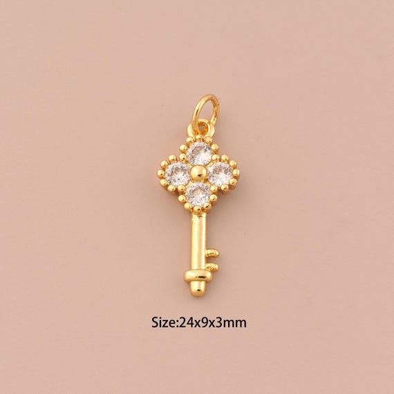 18K Gold Key Charms,CZ Pave Flower Charms Pendants,Key Charm for DIY Jewelry Making Supply