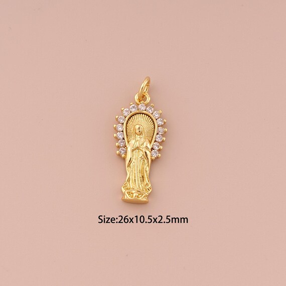 18K Gold Virgin Mary Charms,CZ Pave Minimalist Charms Pendants,Catholic Charm for DIY Jewelry Making Supply