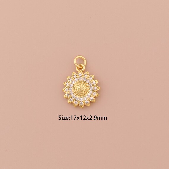 18K Gold Sunflower Charms,CZ Pave Minimalist Charms Pendants,Sunflower Charm for DIY Jewelry Making Supply