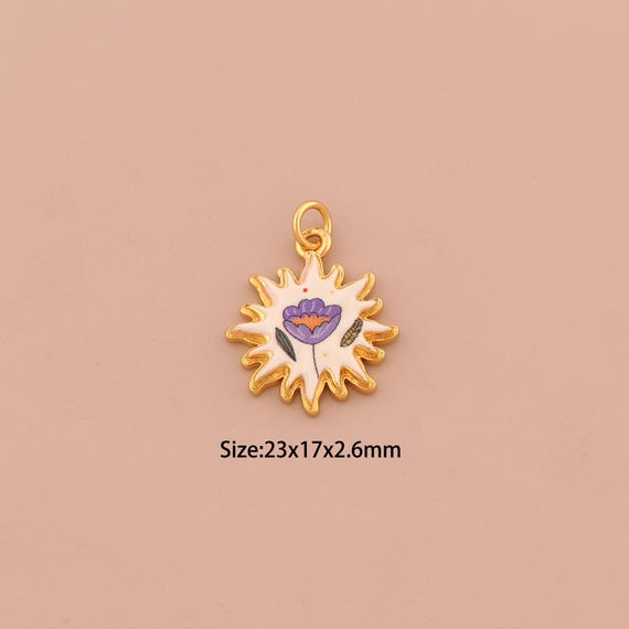 18K Gold Sun Charms,Enamel Flower Charms Pendants,Sunburst Charm for DIY Jewelry Making Supply