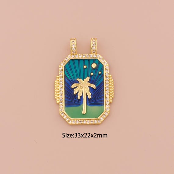 18K Gold Coconut Tree Charms,CZ Pave Minimalist Charms Pendants,Enamel Coconut Tree Charm for DIY Jewelry Making Supply