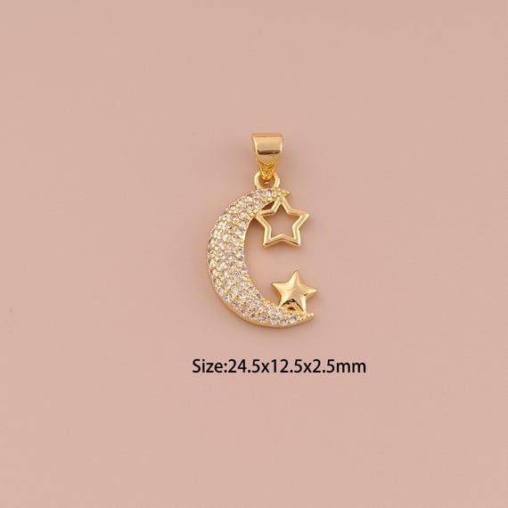 18K Gold Moon Charms,CZ Pave Minimalist Charms Pendants,Star Charm for DIY Jewelry Making Supply