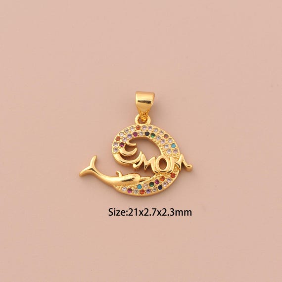 18K Gold Dolphin Charms,CZ Pave MOM Charms Pendants,Dolphin Charm for DIY Jewelry Making Supply
