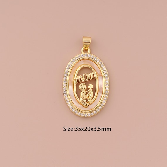 18K Gold Oval Charms,CZ Pave Minimalist Charms Pendants,Fritillary MOM Charm for DIY Jewelry Making Supply