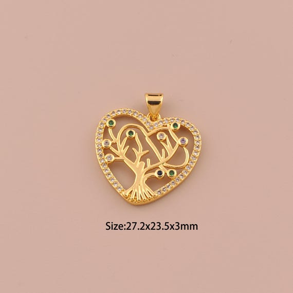 18K Gold Tree of Life Charms,CZ Pave Heart Charms Pendants,Tree of Life Charm for DIY Jewelry Making Supply