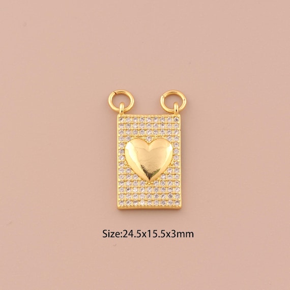 18K Gold Heart Charms,CZ Pave Square Charms Pendants,Heart Charm for DIY Jewelry Making Supply