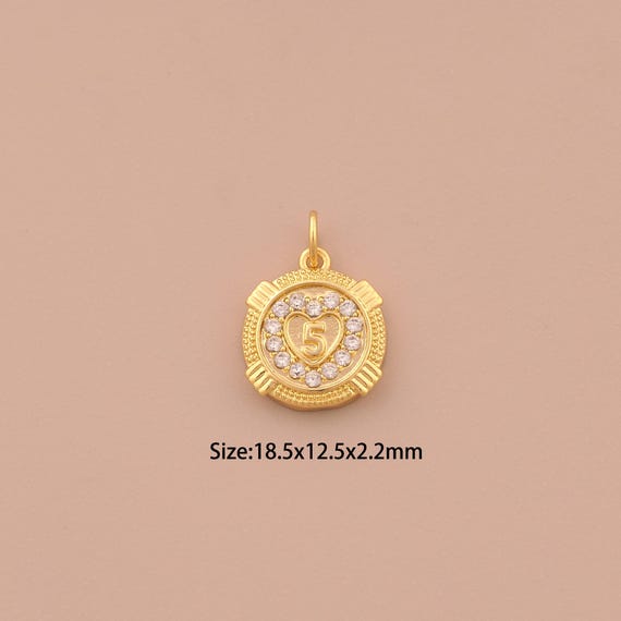 18K Gold Heart Charms,CZ Pave Angel Number Charms Pendants,Round Charm for DIY Jewelry Making Supply