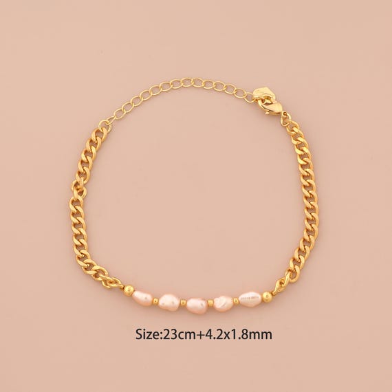 1 Str 18K Gold Curb Bracelet,Chain Bracelet,Freshwater Pearl Bracelet,Gift for Her