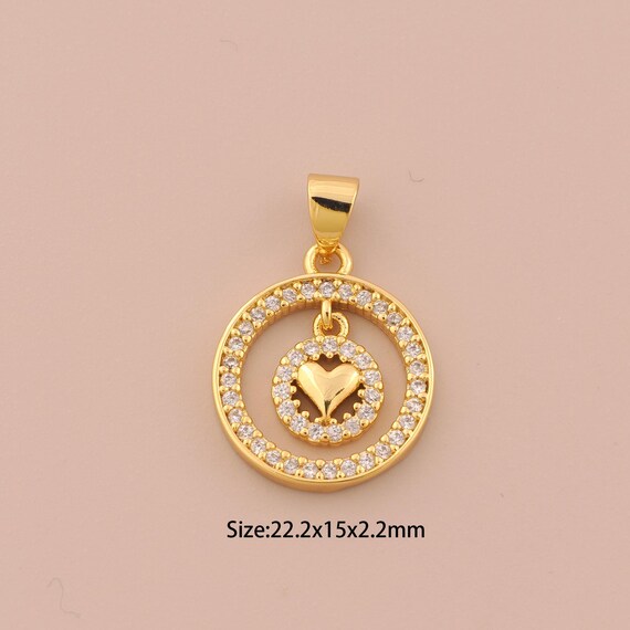 18K Gold Heart Charms,CZ Pave Round Charms Pendants,Heart Charm for DIY Jewelry Making Supply